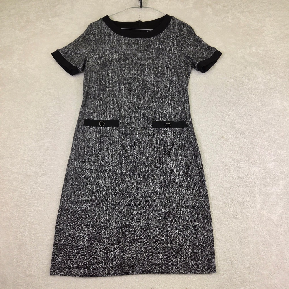 Black White Marled Short Sleeve Shift Dress Contrast Trim Faux Pockets Size M